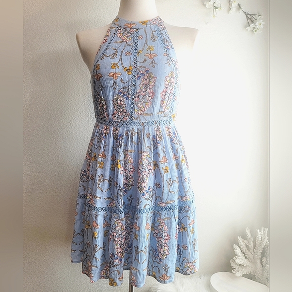 ABEL THE LABEL BLUE FLORAL FIT & FLARE JAASE BACKLESS HALTER MINI DRESS SZ SMALL - Picture 3 of 16